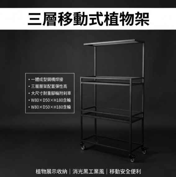 【 SHAONIANNA.TW 】一體成型鋼構植物架 可移動三層置物架 大輪帶剎車 吊燈架設計 室內陽台多肉植物架 植物燈架, , large